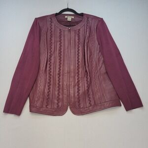 Nygard Collection Leather Knit Jacket Womens XL Burgundy Zip Mixed Media
